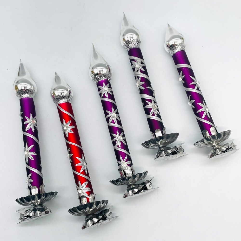 Unbranded Glass Candle‎ Ornaments Set of 5 Purple Red Silver Glitter Clip On 6in